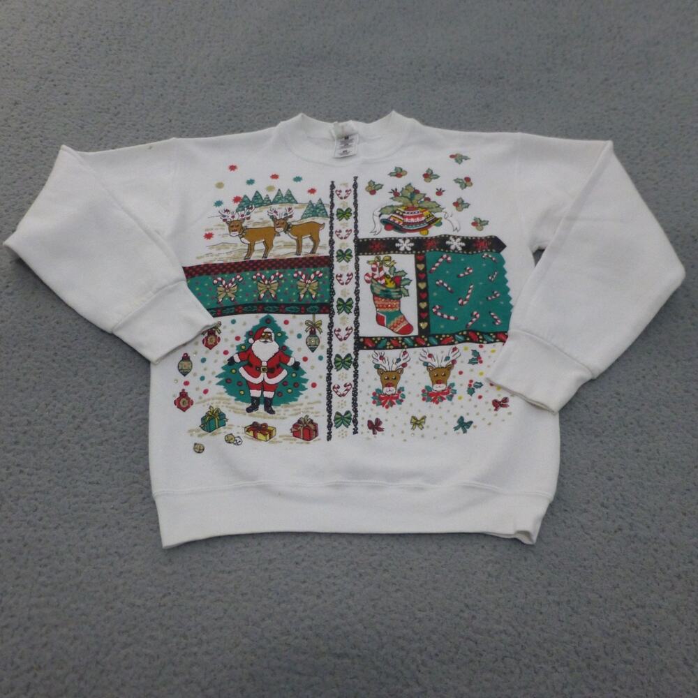 Vintage Christmas Sweater Womens Small Fruit of the Loom Santa Reindeer White
